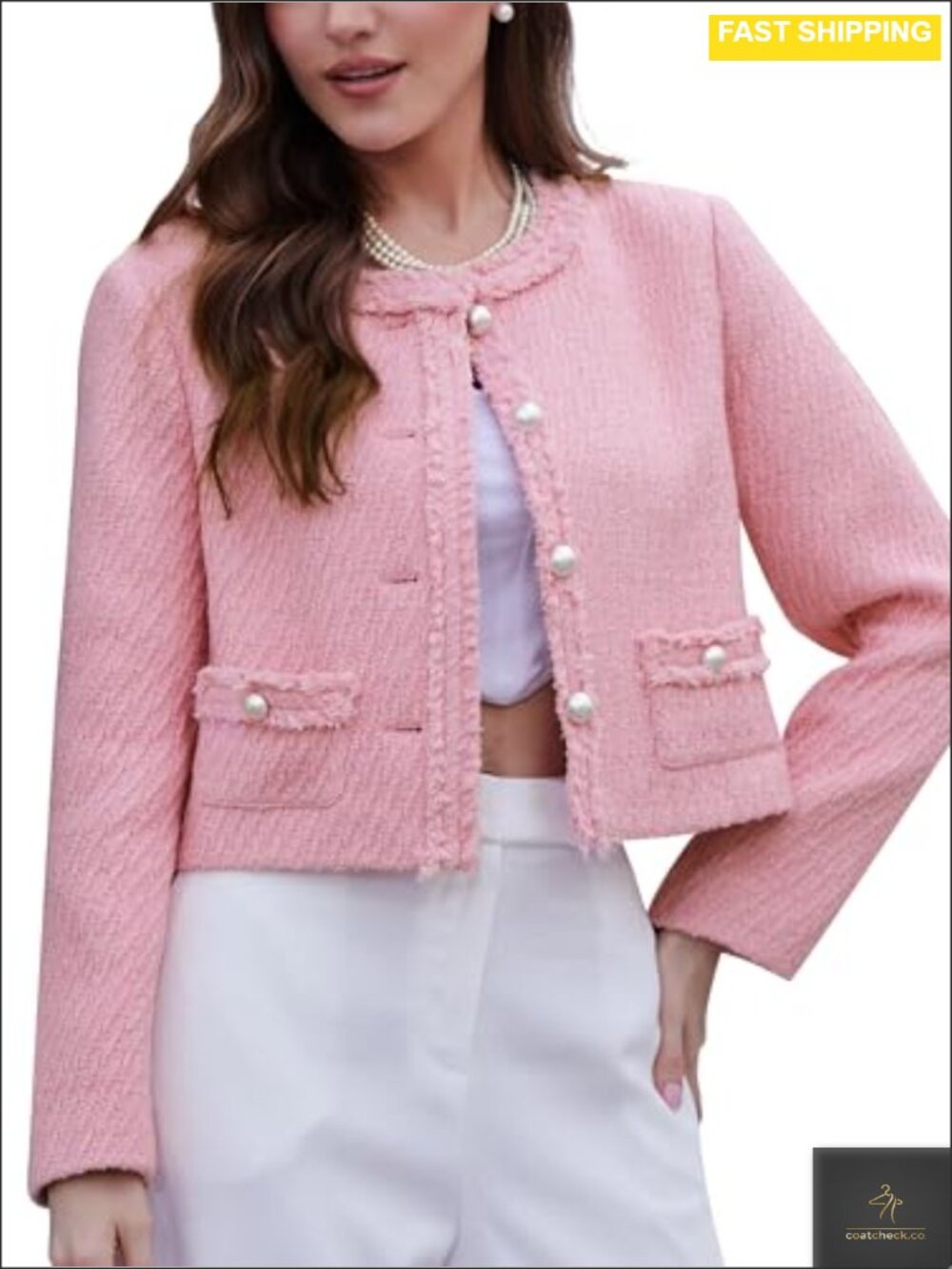 Tweed Blazer Jacket Women Cropped Collarless Long Sleeve Pockets